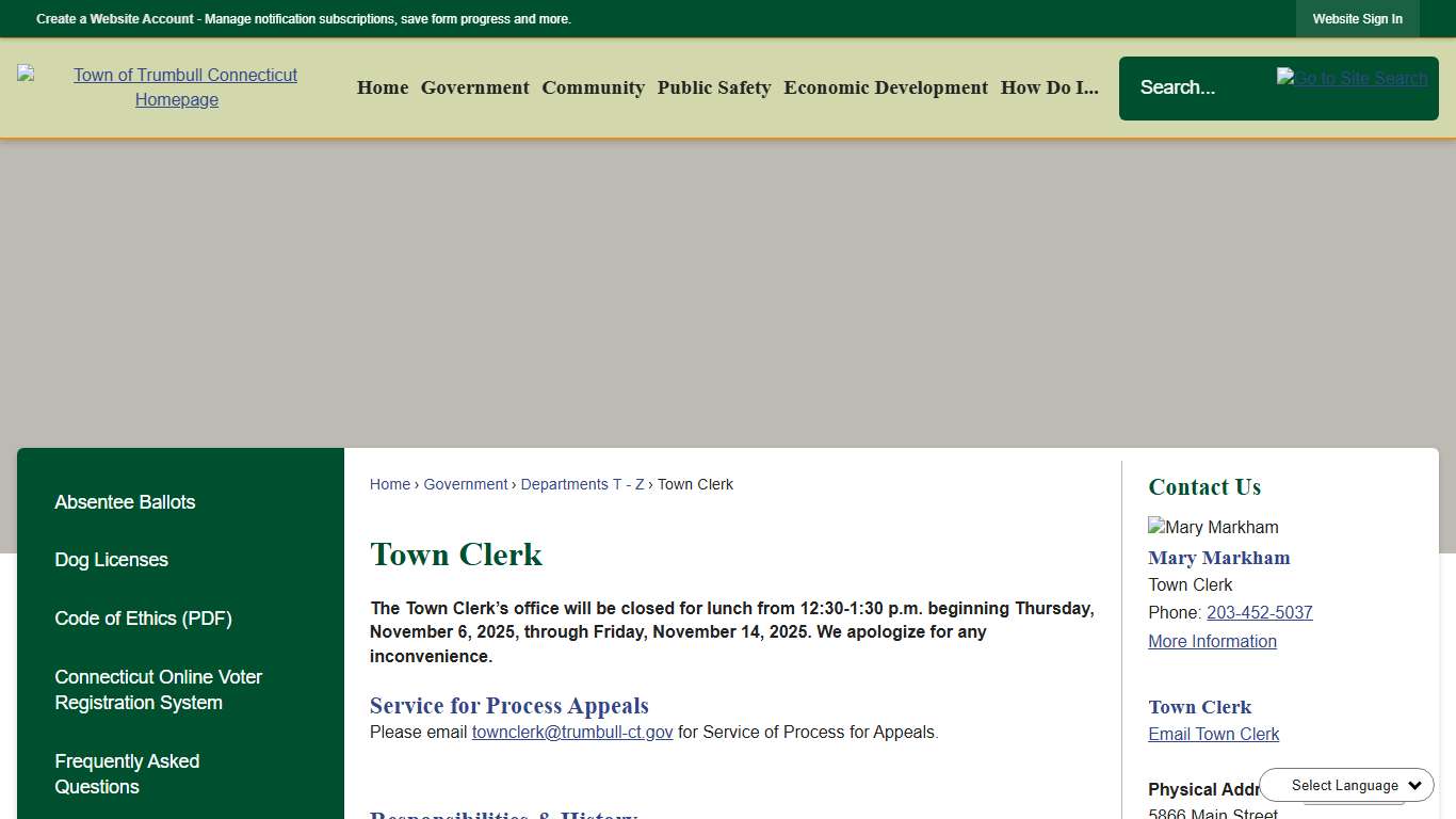 Town Clerk Trumbull, CT