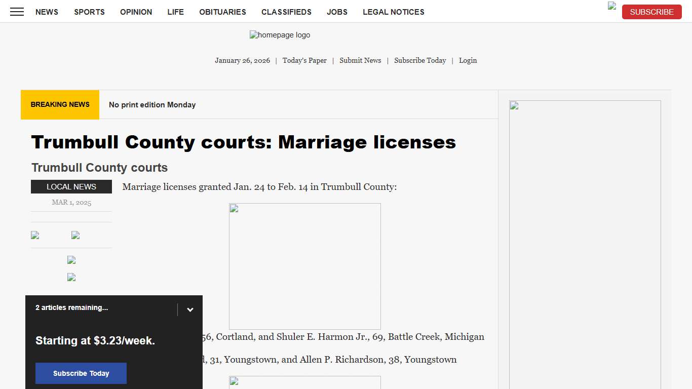 Trumbull County courts: Marriage licenses News, Sports, Jobs - Tribune Chronicle
