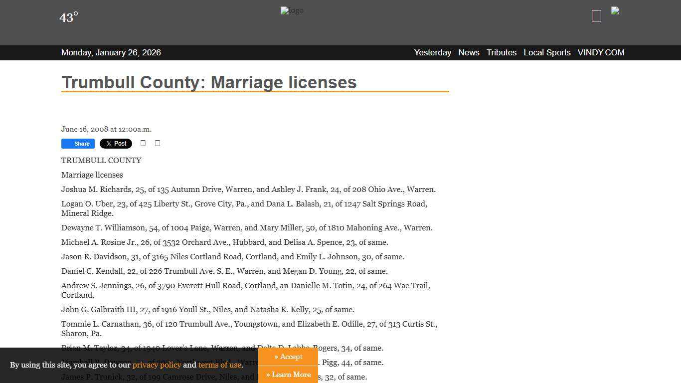 Trumbull County: Marriage licenses Vindy Archives