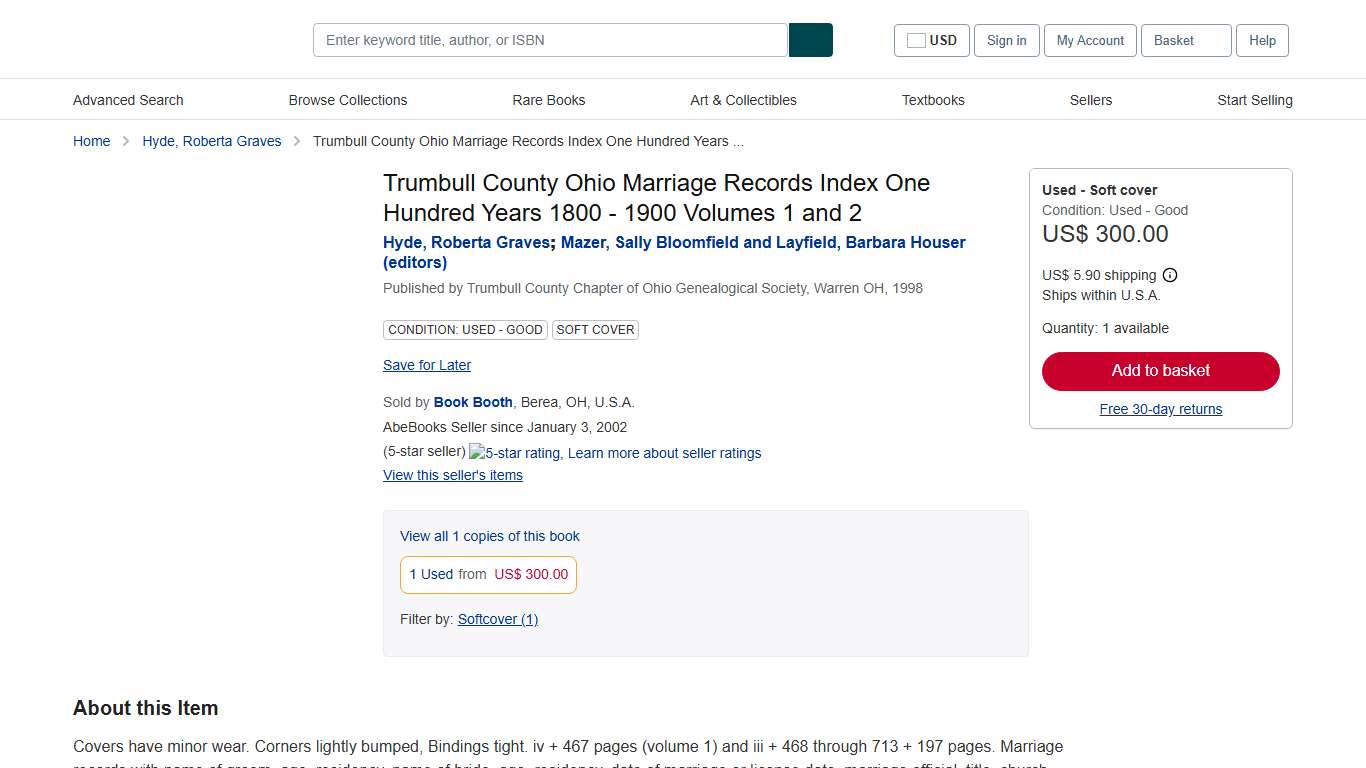 Trumbull County Ohio Marriage Records Index One Hundred Years 1800 - 1900 Volumes 1 and 2 by Hyde, Roberta Graves; Mazer, Sally Bloomfield and Layfield, Barbara Houser (editors): Good Paperback (1998) Book Booth